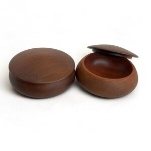 2 Teak Wood Salt, Spice Pinch, Trinket Bowls With Lids Signed By Artist 3”wide